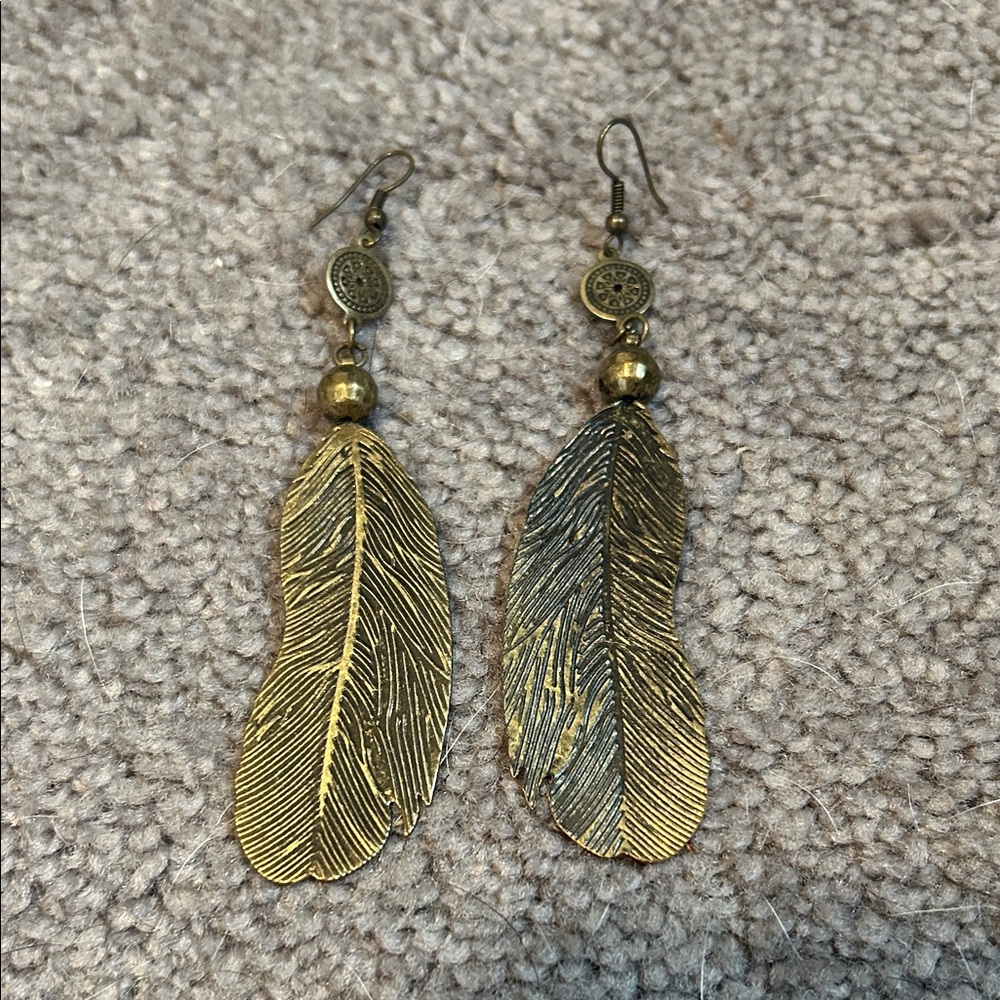 Gold Feather Dangle Earrings